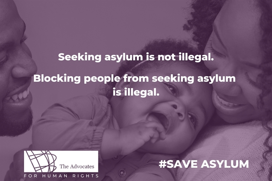 [ai] A close-up of a happy family consisting of a man and a woman with a baby, smiling and playing together. Text overlay states 'Seeking asylum is not illegal. Blocking people from seeking asylum is illegal.' and includes the hashtag #SAVEASYLUM.